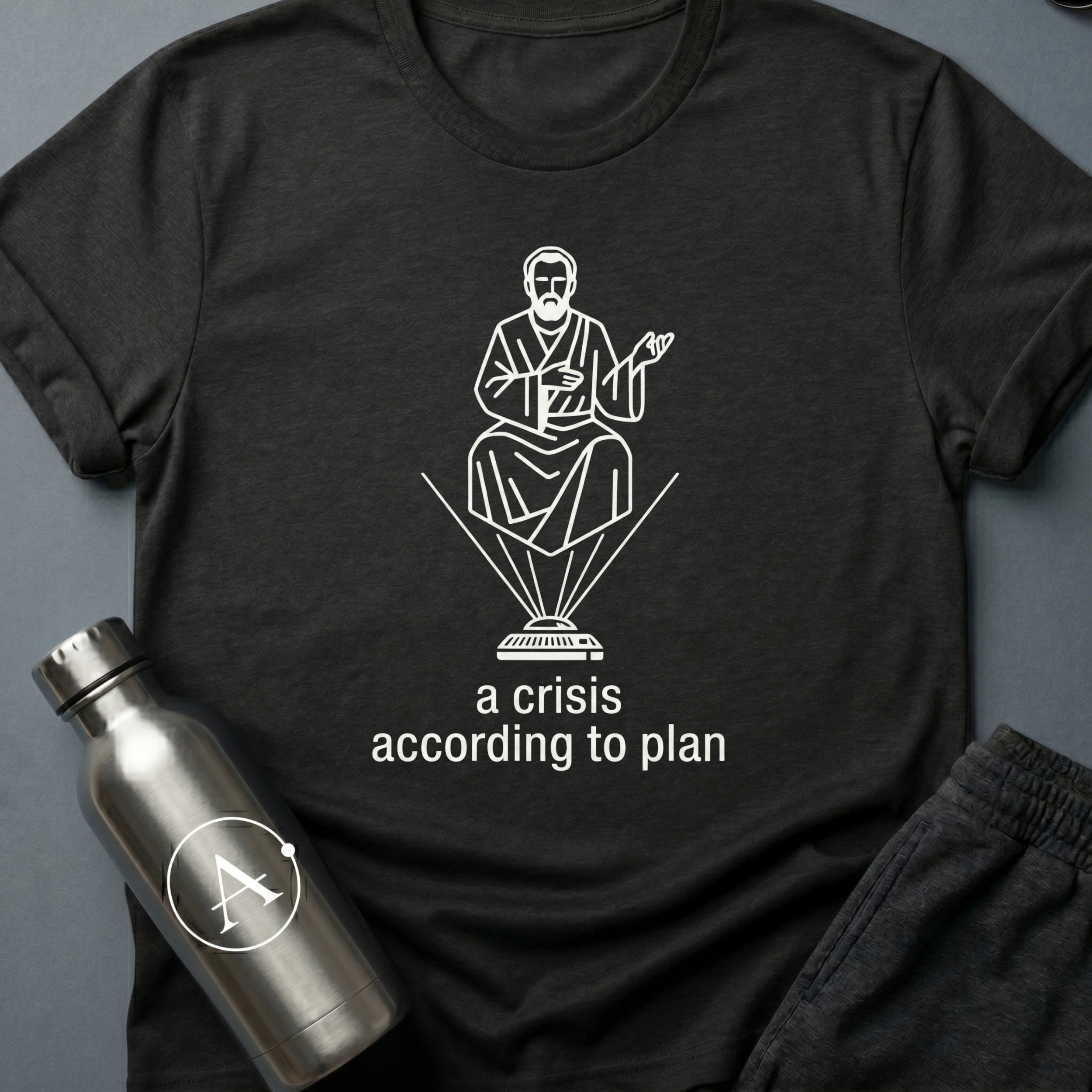 A Crisis According to Plan sci-fi t-shirt — a forecaster who saw the math years before anyone else — Black unisex tee — Apsion Outpost