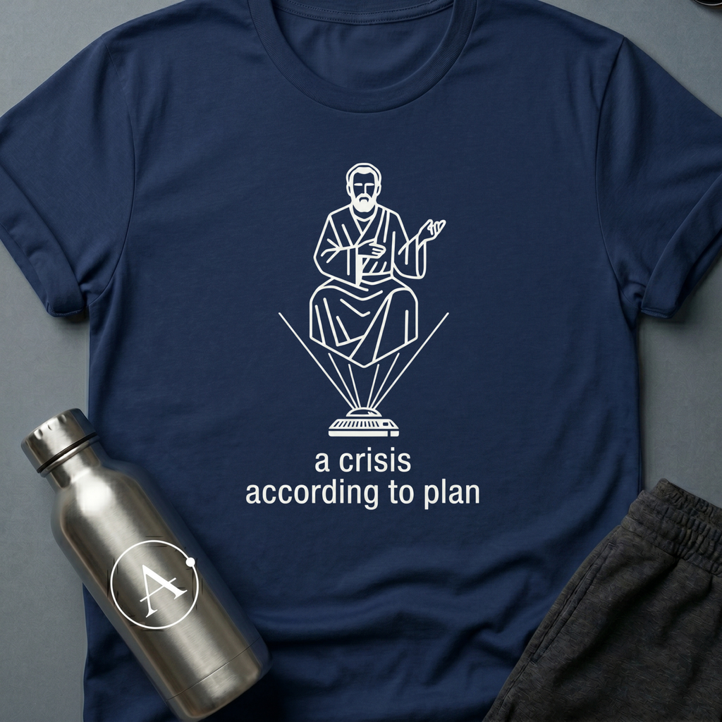 A Crisis According to Plan sci-fi t-shirt — a forecaster who saw the math years before anyone else — Navy unisex tee — Apsion Outpost