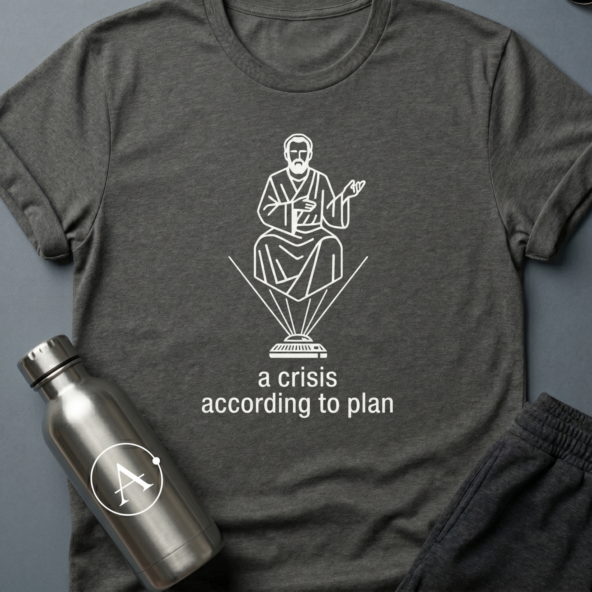 A Crisis According to Plan sci-fi t-shirt — a forecaster who saw the math years before anyone else — Dark Heather unisex tee — Apsion Outpost