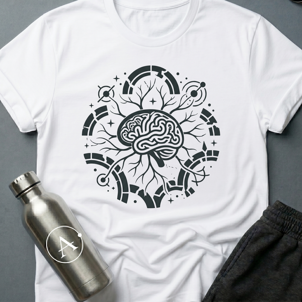 Quiet Editors sci-fi t-shirt — a single mind with branches reaching the edges of the orbit — White unisex tee — Apsion Outpost