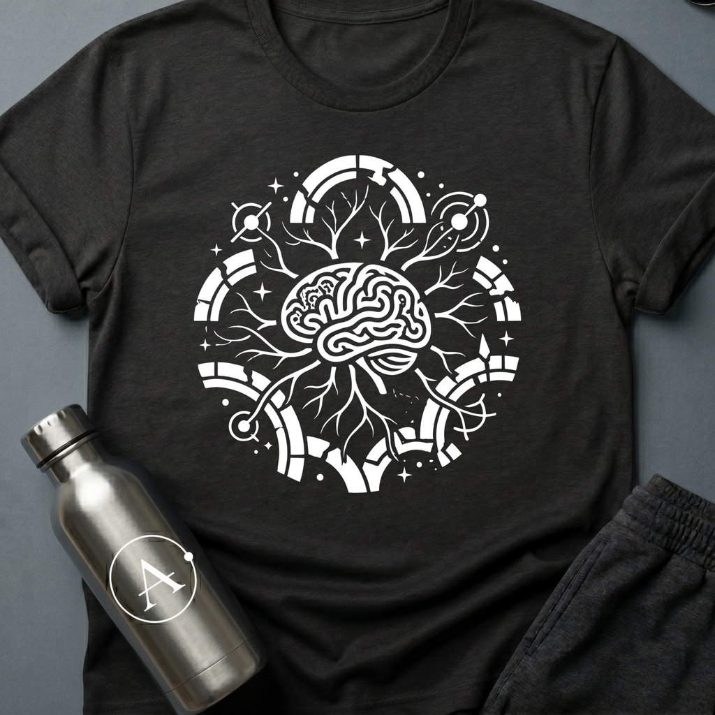 Quiet Editors sci-fi t-shirt — a single mind with branches reaching the edges of the orbit — Black unisex tee — Apsion Outpost