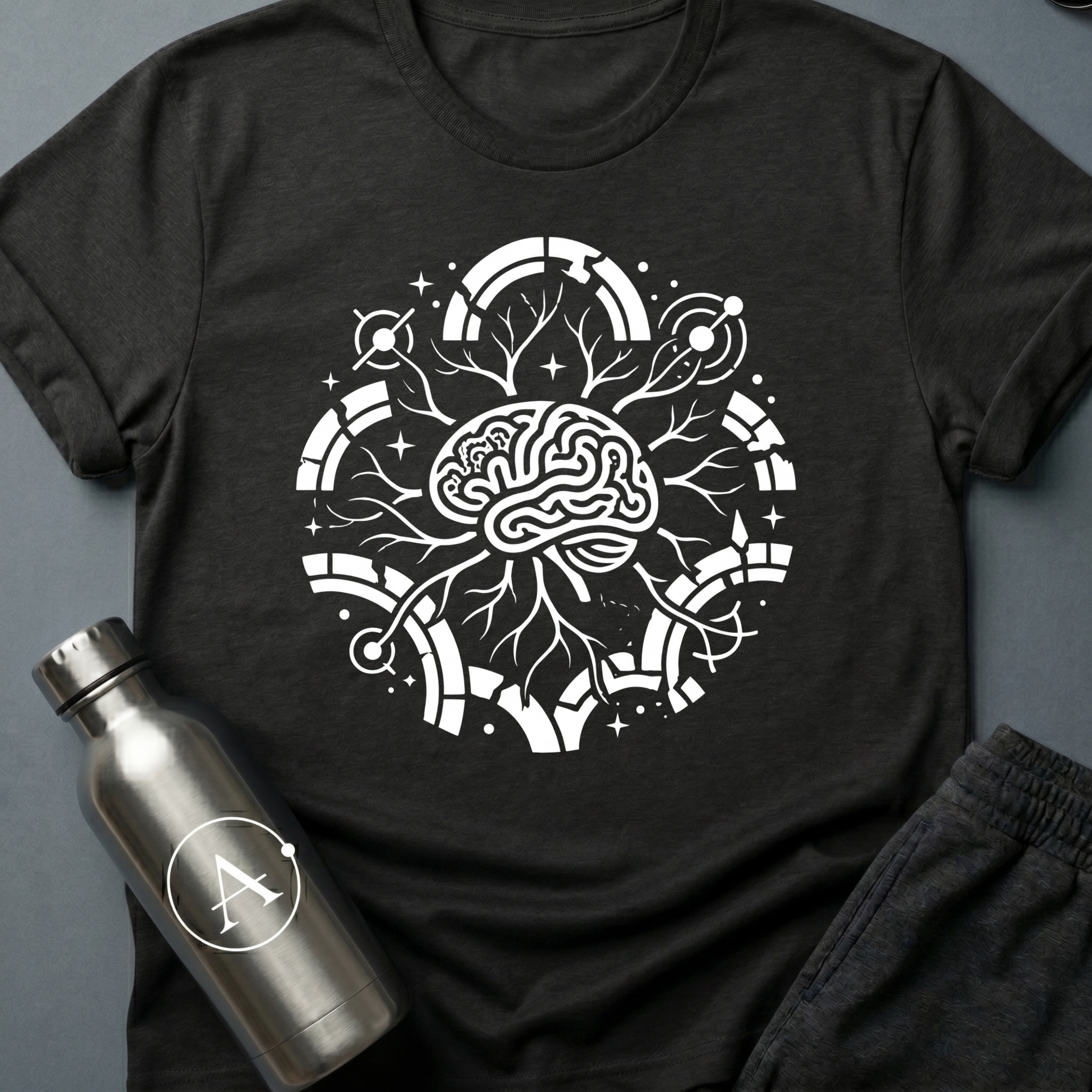 Quiet Editors sci-fi t-shirt — a single mind with branches reaching the edges of the orbit — Black unisex tee — Apsion Outpost