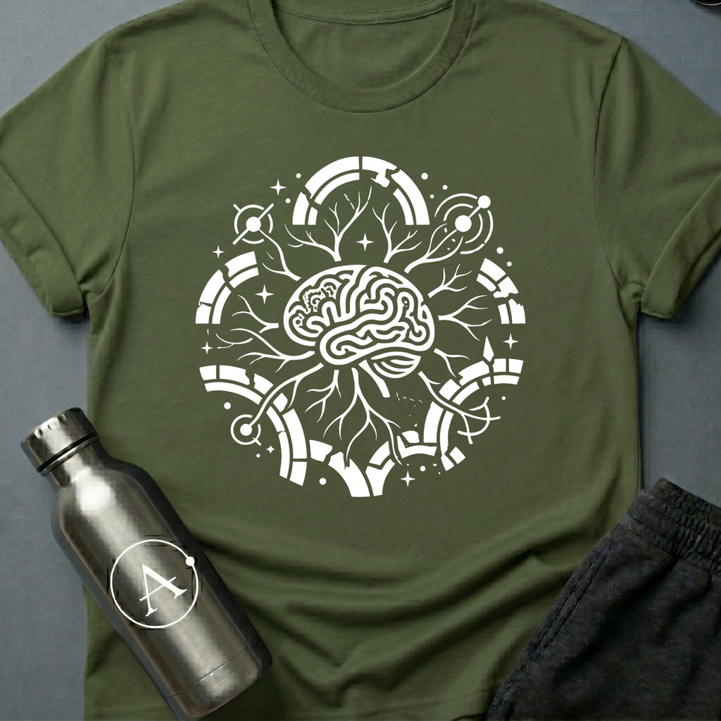 Quiet Editors sci-fi t-shirt — a single mind with branches reaching the edges of the orbit — Military Green unisex tee — Apsion Outpost