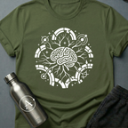Quiet Editors sci-fi t-shirt — a single mind with branches reaching the edges of the orbit — Military Green unisex tee — Apsion Outpost
