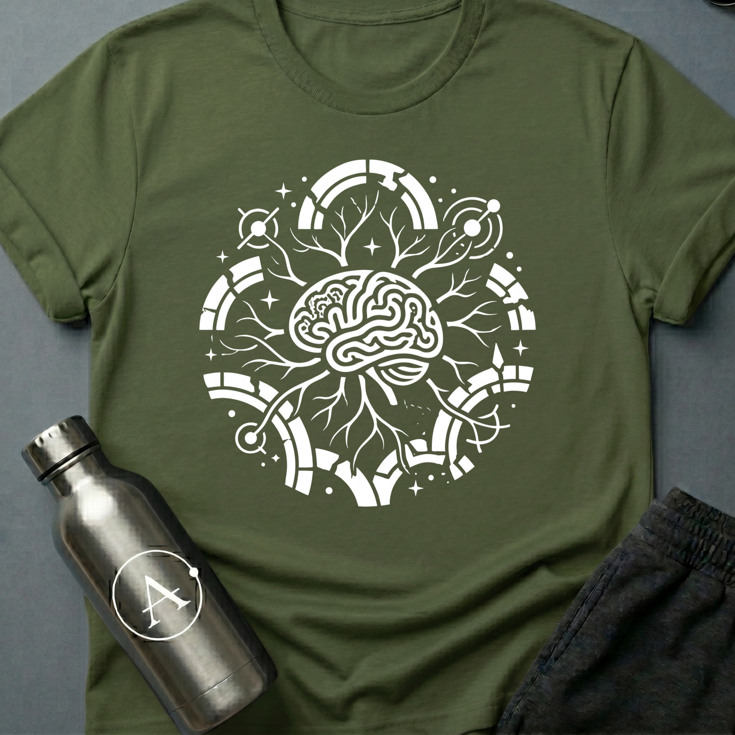 Quiet Editors sci-fi t-shirt — a single mind with branches reaching the edges of the orbit — Military Green unisex tee — Apsion Outpost