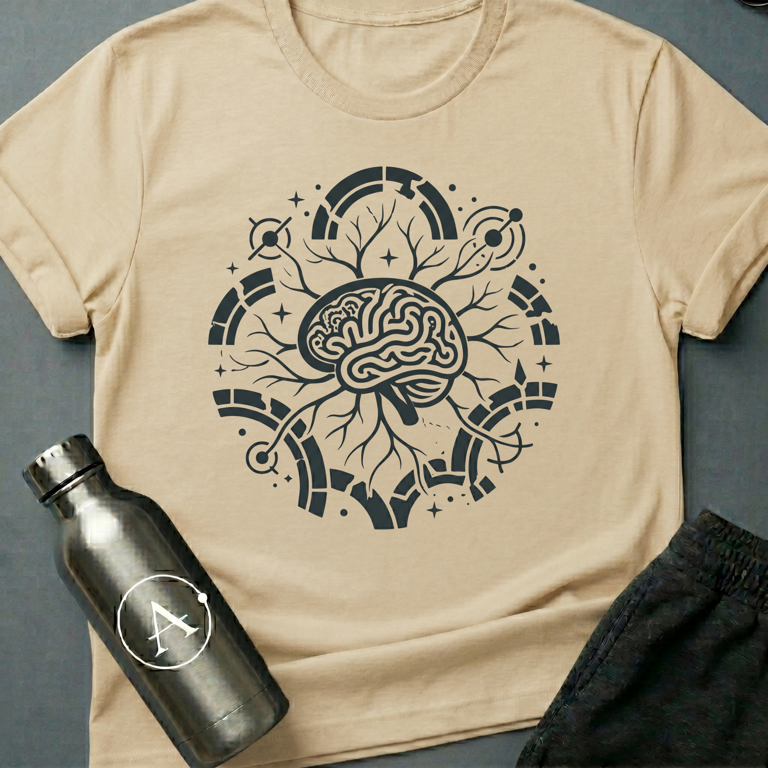 Quiet Editors sci-fi t-shirt — a single mind with branches reaching the edges of the orbit — Natural unisex tee — Apsion Outpost