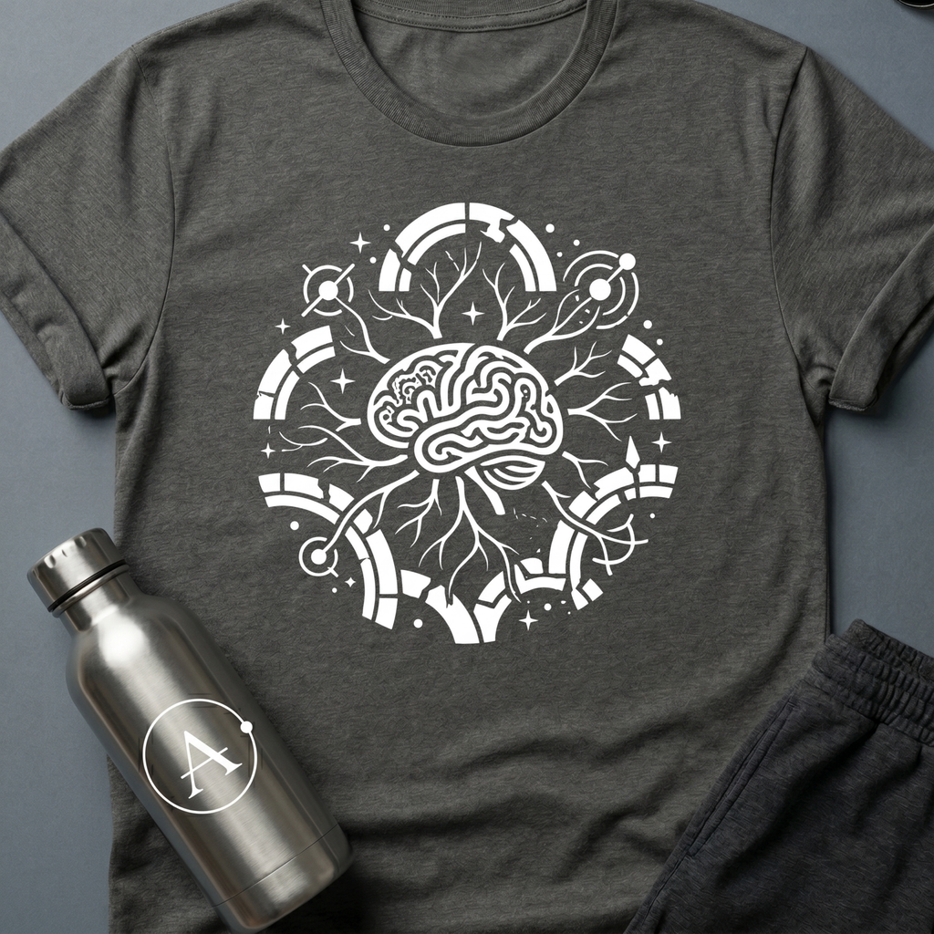Quiet Editors sci-fi t-shirt — a single mind with branches reaching the edges of the orbit — Dark Heather unisex tee — Apsion Outpost