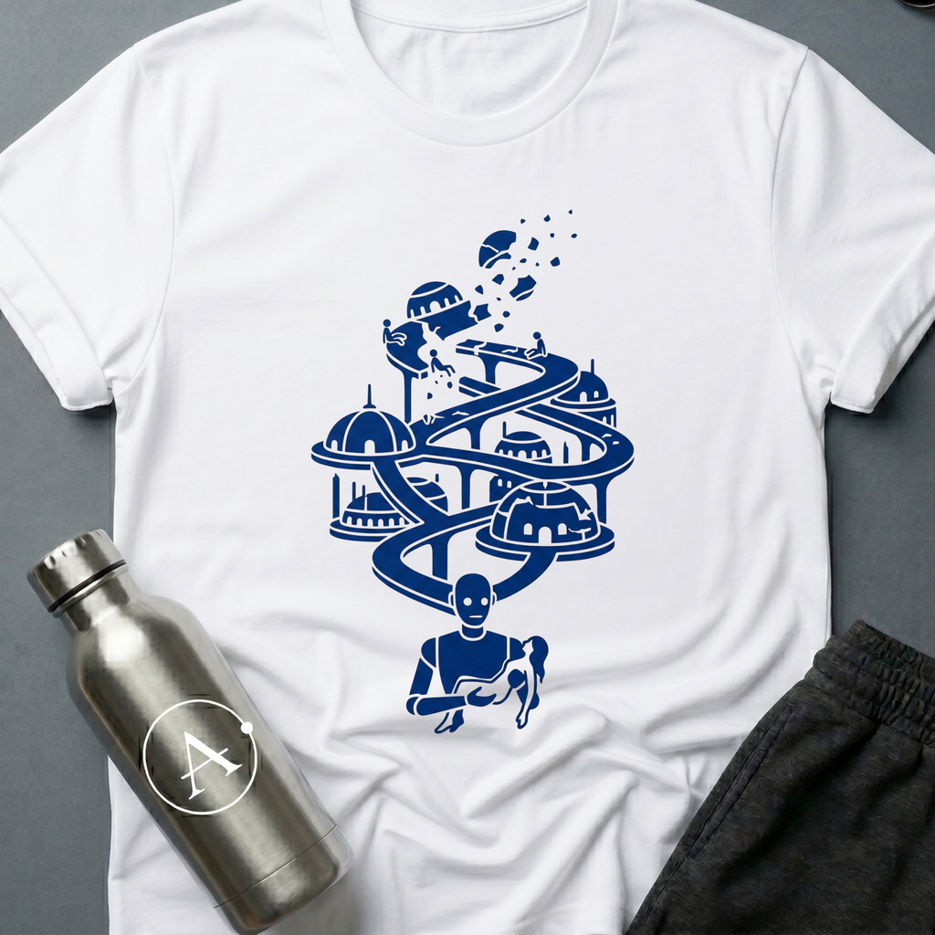 Dead End sci-fi t-shirt — an old guardian carrying a small civilization through the long fall — White unisex tee — Apsion Outpost