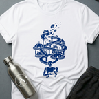 Dead End sci-fi t-shirt — an old guardian carrying a small civilization through the long fall — White unisex tee — Apsion Outpost