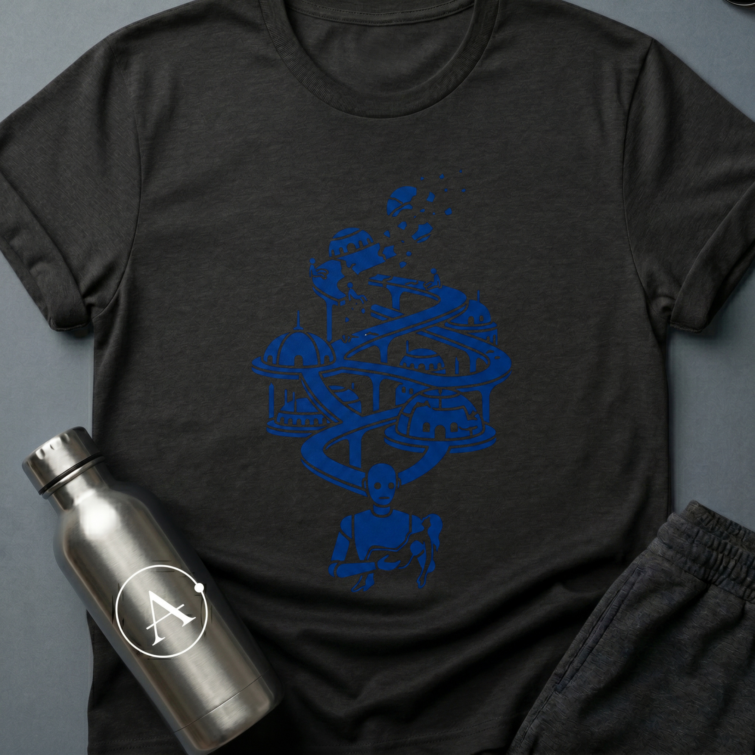 Dead End sci-fi t-shirt — an old guardian carrying a small civilization through the long fall — Black unisex tee — Apsion Outpost