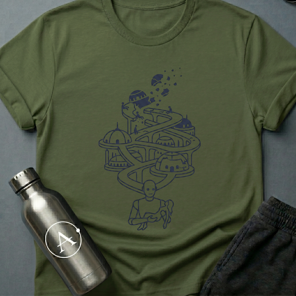 Dead End sci-fi t-shirt — an old guardian carrying a small civilization through the long fall — Military Green unisex tee — Apsion Outpost