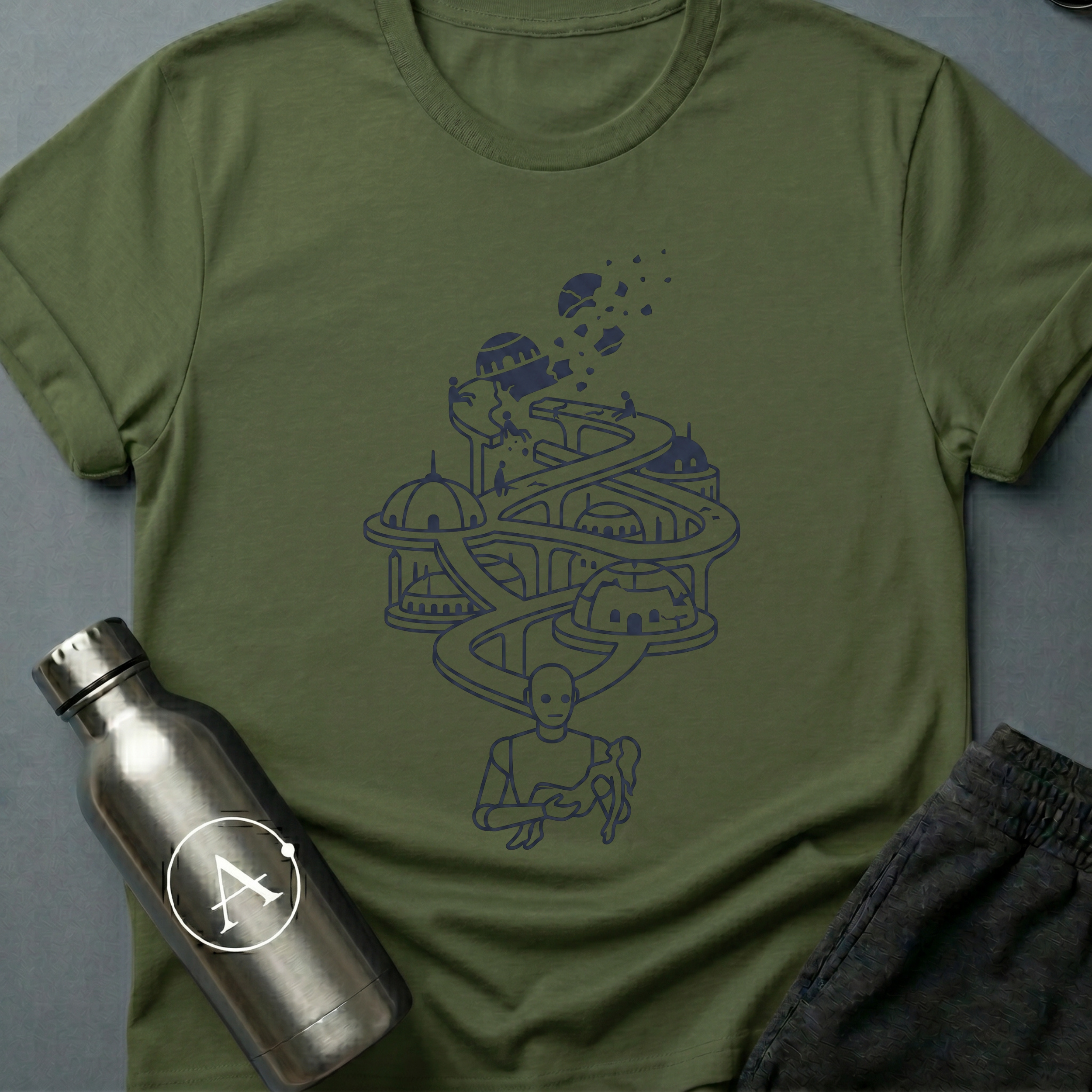 Dead End sci-fi t-shirt — an old guardian carrying a small civilization through the long fall — Military Green unisex tee — Apsion Outpost