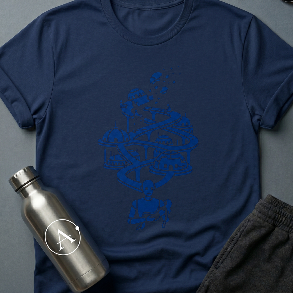 Dead End sci-fi t-shirt — an old guardian carrying a small civilization through the long fall — Navy unisex tee — Apsion Outpost