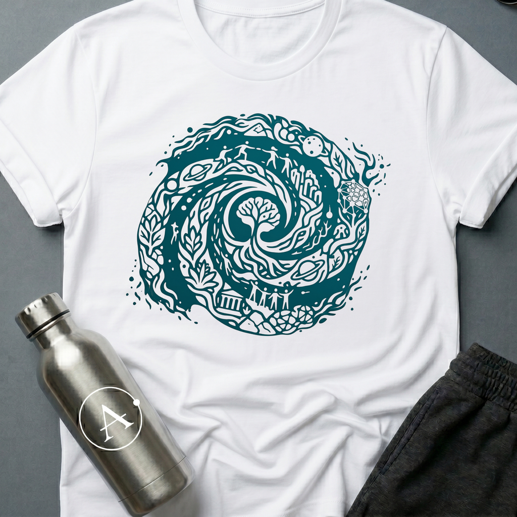 Final Merge sci-fi t-shirt — every era and every world folded into one long spiral — White unisex tee — Apsion Outpost