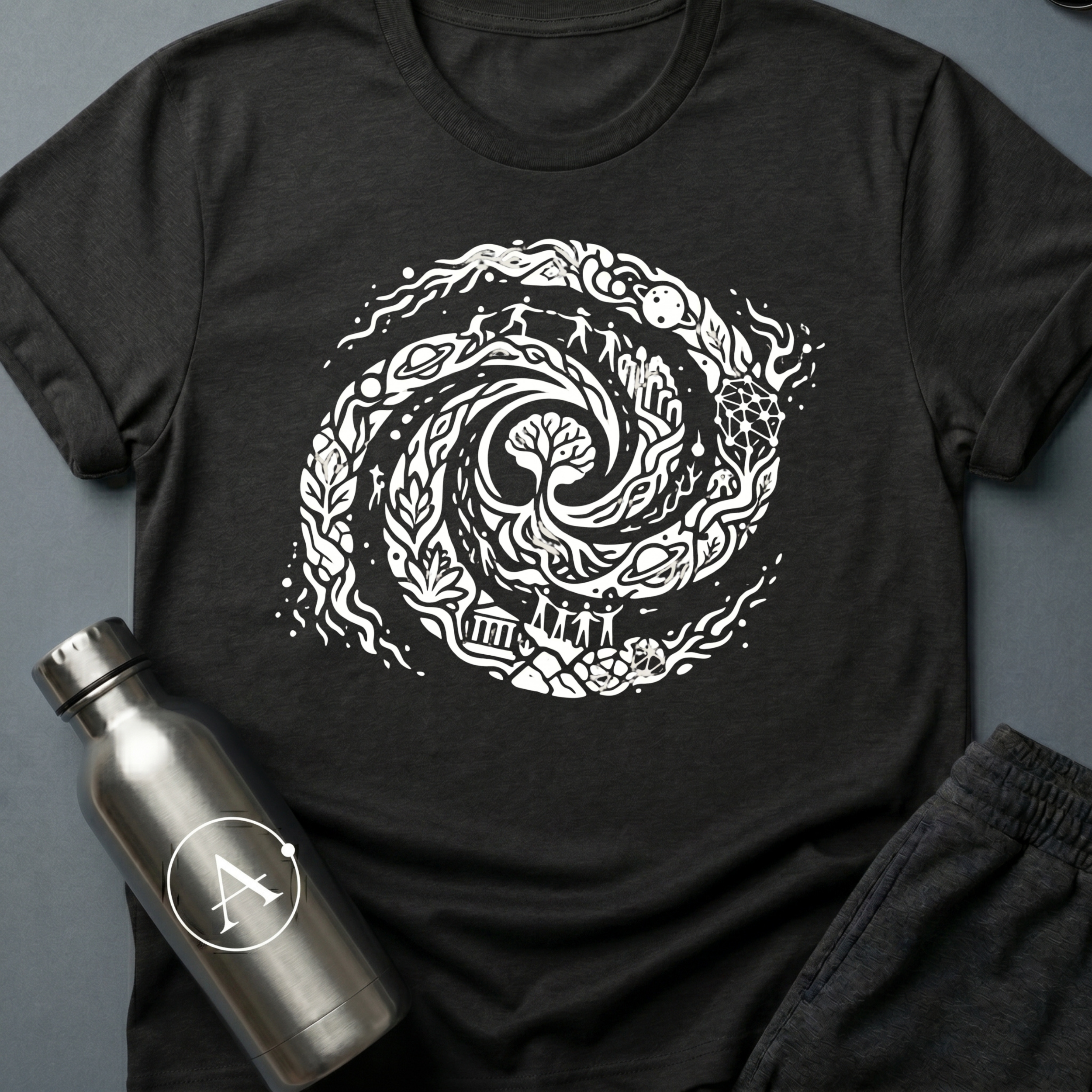 Final Merge sci-fi t-shirt — every era and every world folded into one long spiral — Black unisex tee — Apsion Outpost