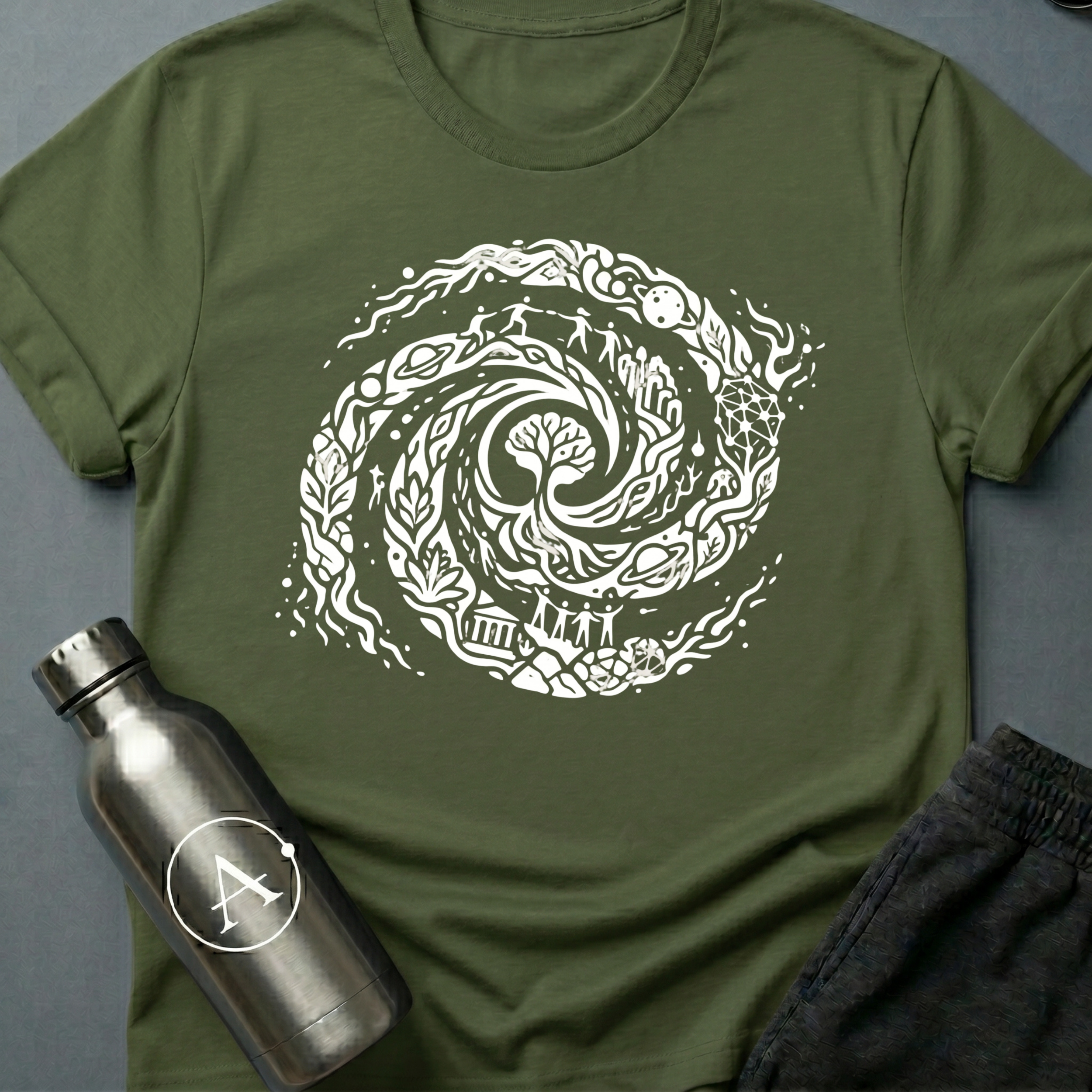 Final Merge sci-fi t-shirt — every era and every world folded into one long spiral — Military Green unisex tee — Apsion Outpost