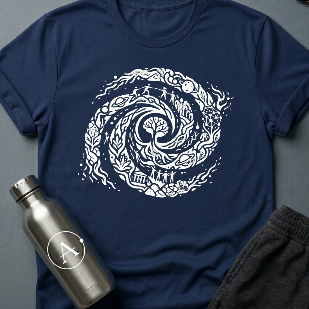 Final Merge sci-fi t-shirt — every era and every world folded into one long spiral — Navy unisex tee — Apsion Outpost