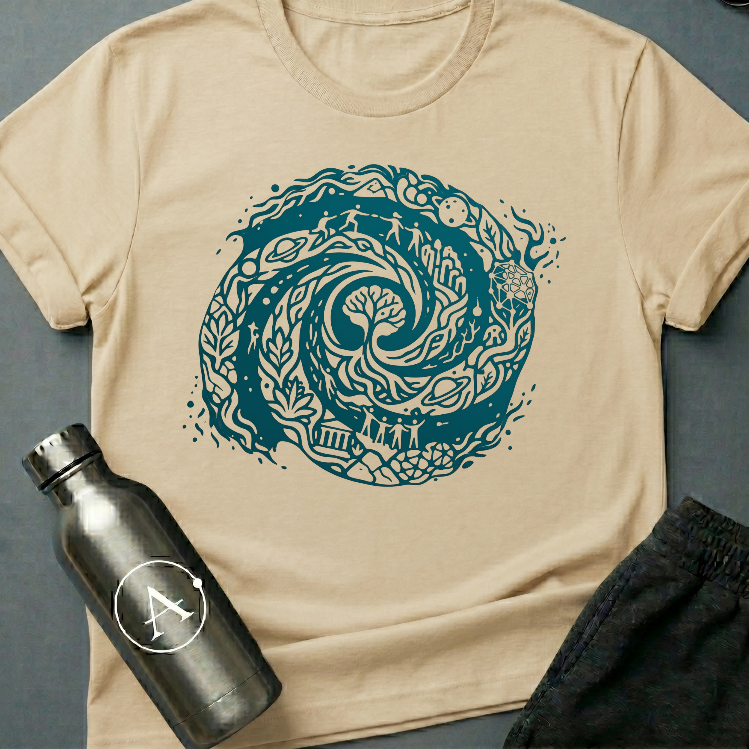Final Merge sci-fi t-shirt — every era and every world folded into one long spiral — Natural unisex tee — Apsion Outpost