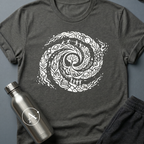 Final Merge sci-fi t-shirt — every era and every world folded into one long spiral — Dark Heather unisex tee — Apsion Outpost