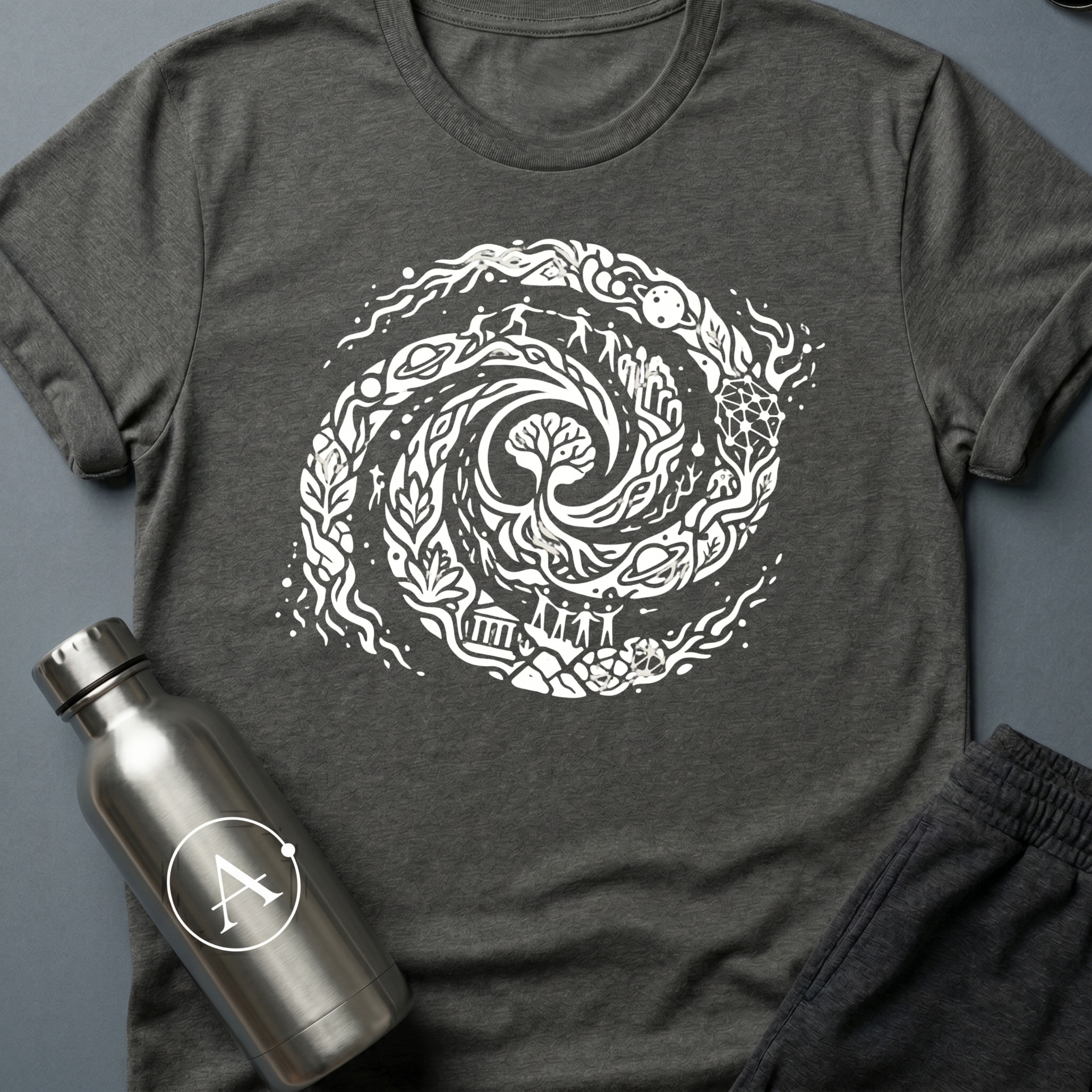 Final Merge sci-fi t-shirt — every era and every world folded into one long spiral — Dark Heather unisex tee — Apsion Outpost