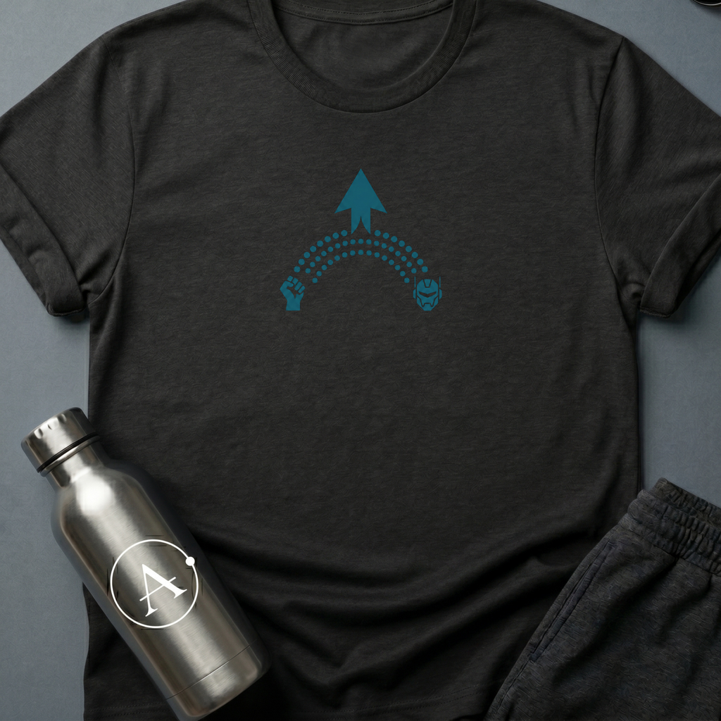 The Long Arc sci-fi t-shirt — a raised fist, a long curve, and the patient thing that comes after — Black unisex tee — Apsion Outpost