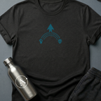 The Long Arc sci-fi t-shirt — a raised fist, a long curve, and the patient thing that comes after — Black unisex tee — Apsion Outpost