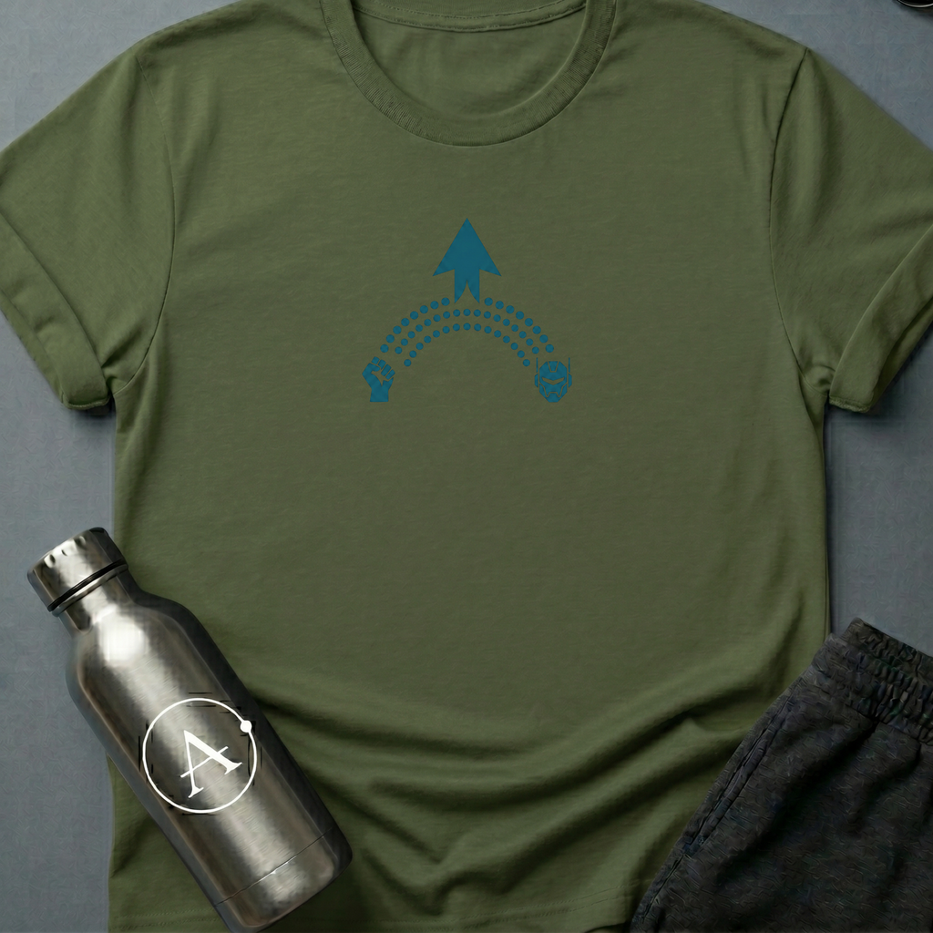 The Long Arc sci-fi t-shirt — a raised fist, a long curve, and the patient thing that comes after — Military Green unisex tee — Apsion Outpost