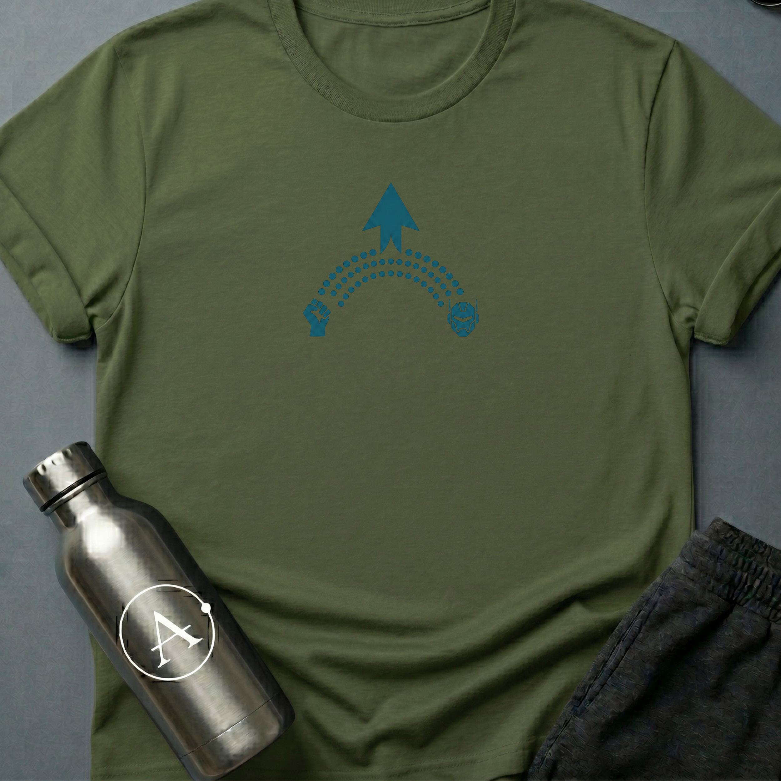 The Long Arc sci-fi t-shirt — a raised fist, a long curve, and the patient thing that comes after — Military Green unisex tee — Apsion Outpost