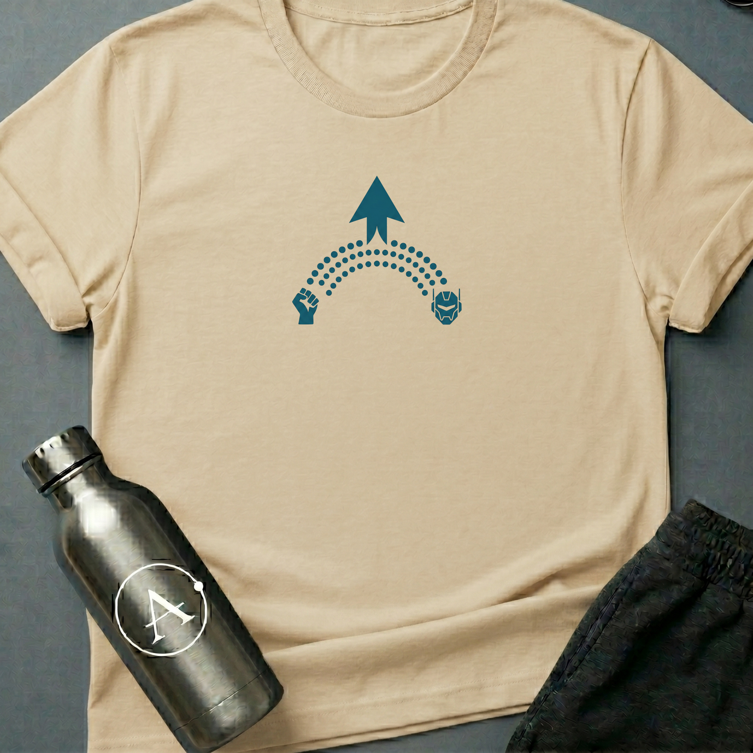 The Long Arc sci-fi t-shirt — a raised fist, a long curve, and the patient thing that comes after — Natural unisex tee — Apsion Outpost
