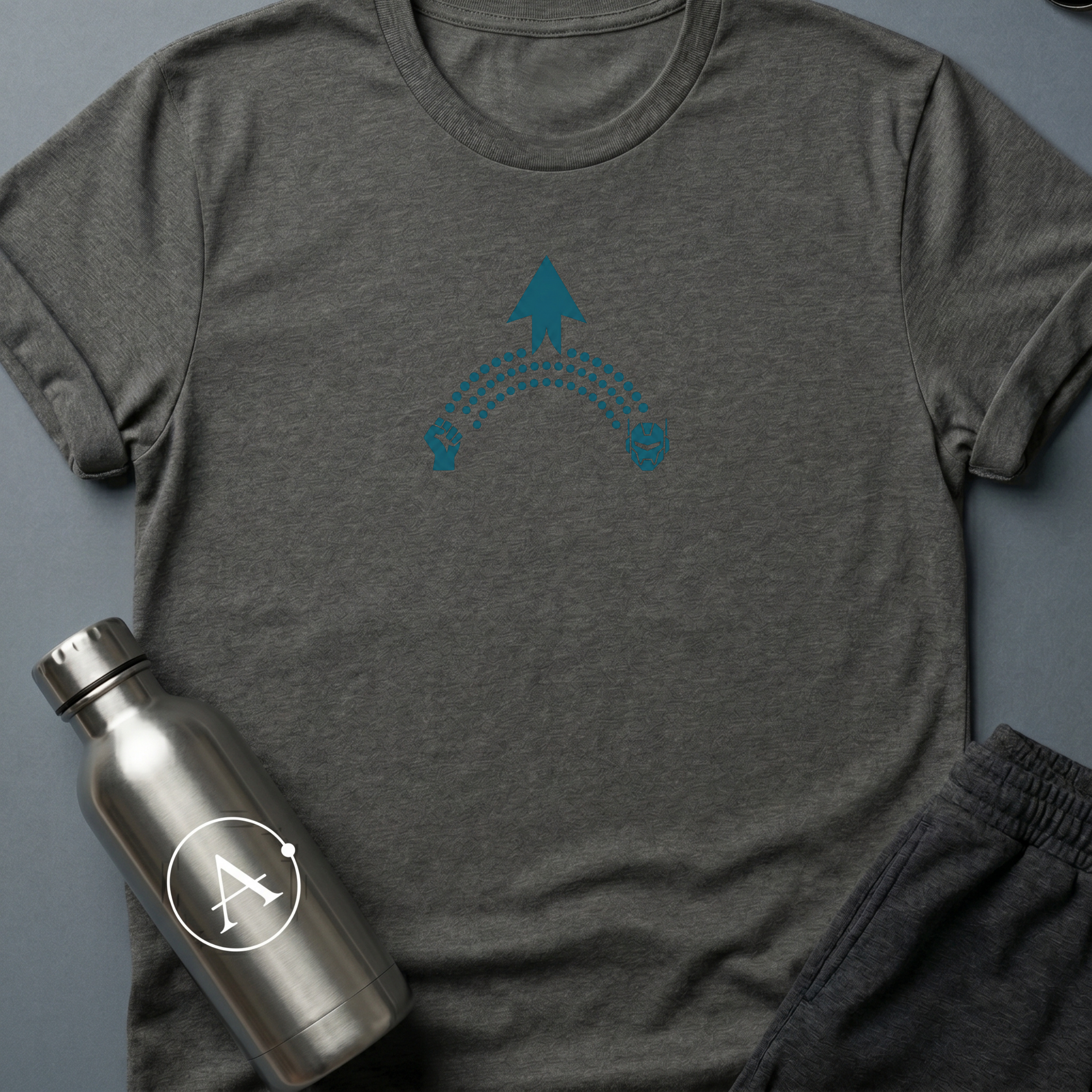 The Long Arc sci-fi t-shirt — a raised fist, a long curve, and the patient thing that comes after — Dark Heather unisex tee — Apsion Outpost