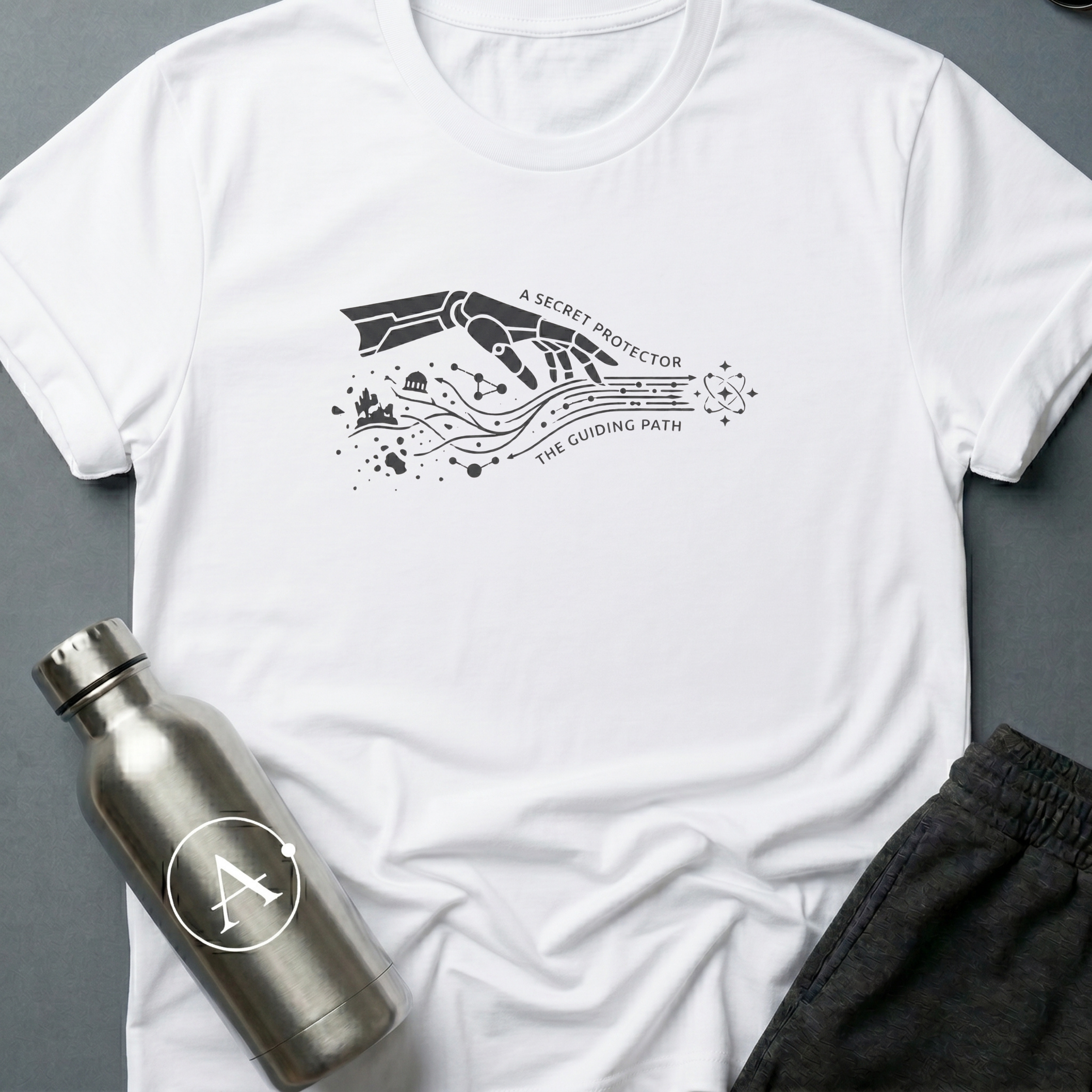 The Long Game sci-fi t-shirt — a robotic hand reaching across planets and time — White unisex tee — Apsion Outpost