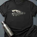 The Long Game sci-fi t-shirt — a robotic hand reaching across planets and time — Black unisex tee — Apsion Outpost