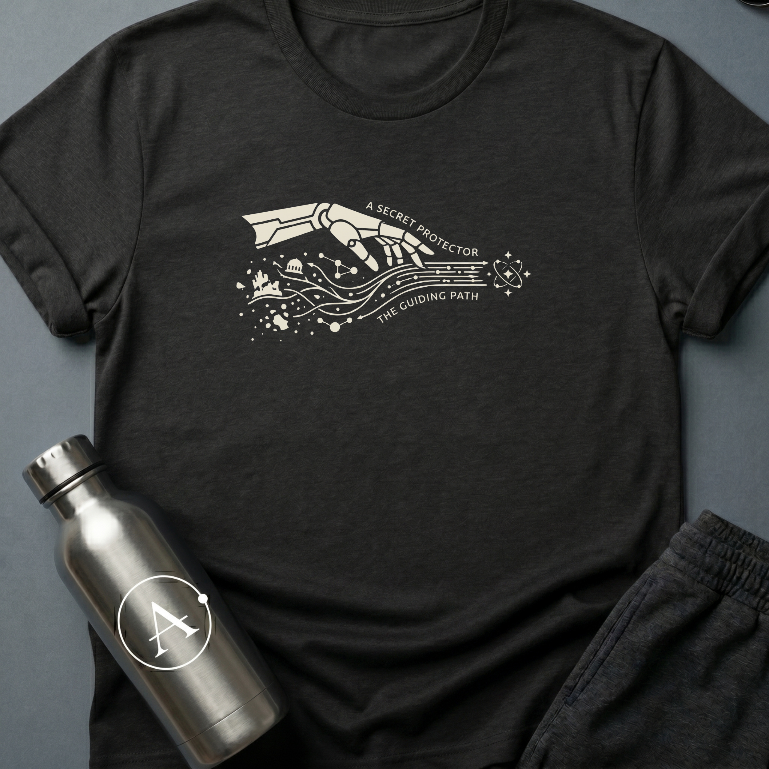 The Long Game sci-fi t-shirt — a robotic hand reaching across planets and time — Black unisex tee — Apsion Outpost