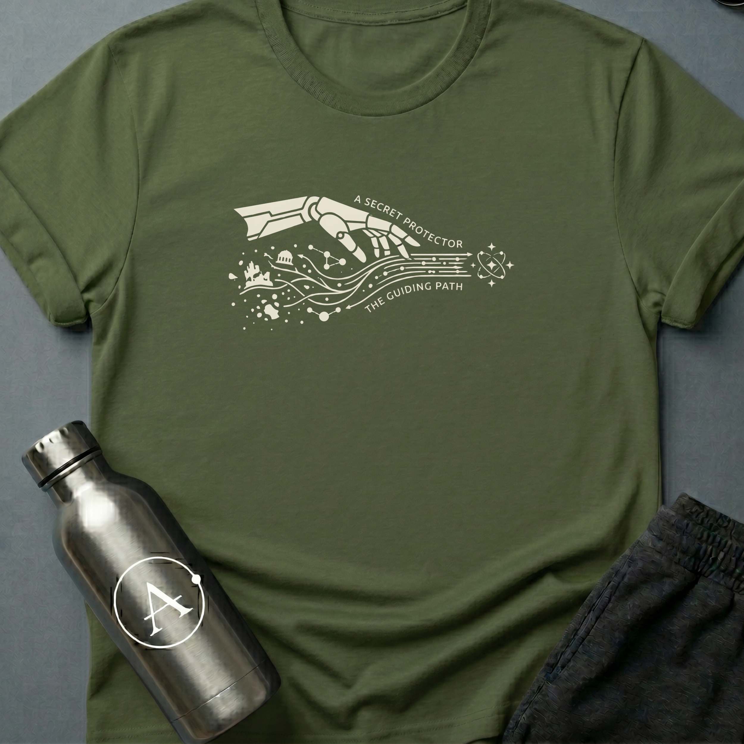 The Long Game sci-fi t-shirt — a robotic hand reaching across planets and time — Military Green unisex tee — Apsion Outpost