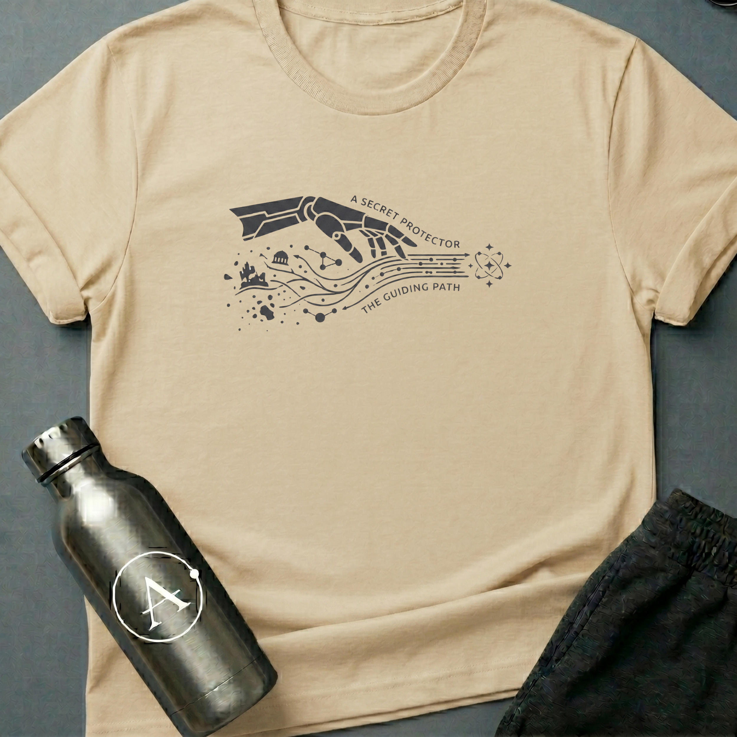 The Long Game sci-fi t-shirt — a robotic hand reaching across planets and time — Natural unisex tee — Apsion Outpost