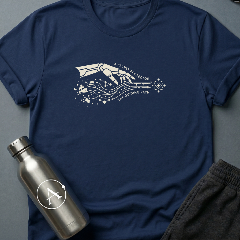 The Long Game sci-fi t-shirt — a robotic hand reaching across planets and time — Navy unisex tee — Apsion Outpost