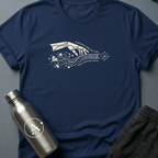 The Long Game sci-fi t-shirt — a robotic hand reaching across planets and time — Navy unisex tee — Apsion Outpost