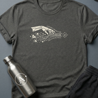 The Long Game sci-fi t-shirt — a robotic hand reaching across planets and time — Dark Heather unisex tee — Apsion Outpost