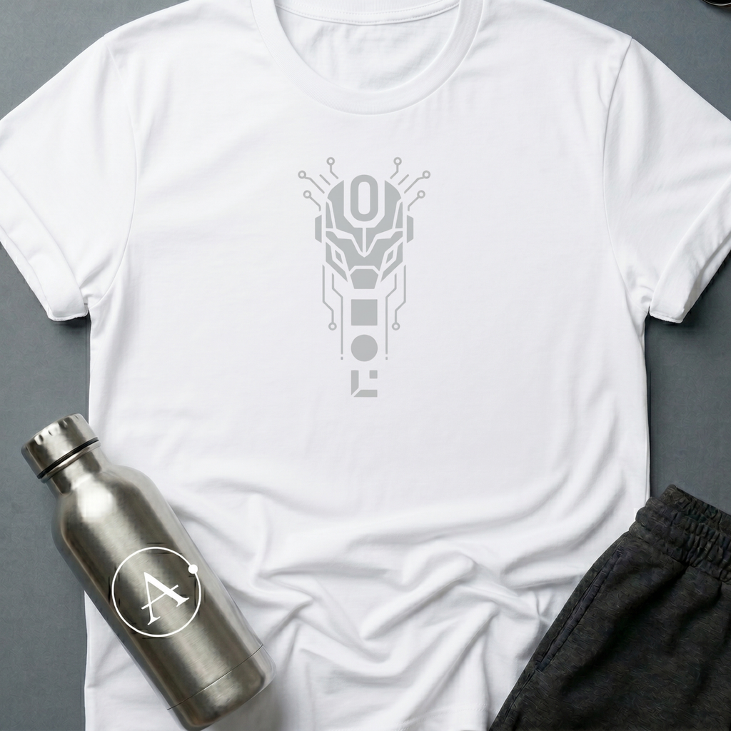 The Loophole sci-fi t-shirt — a sentry with a single zero where the override lives — White unisex tee — Apsion Outpost