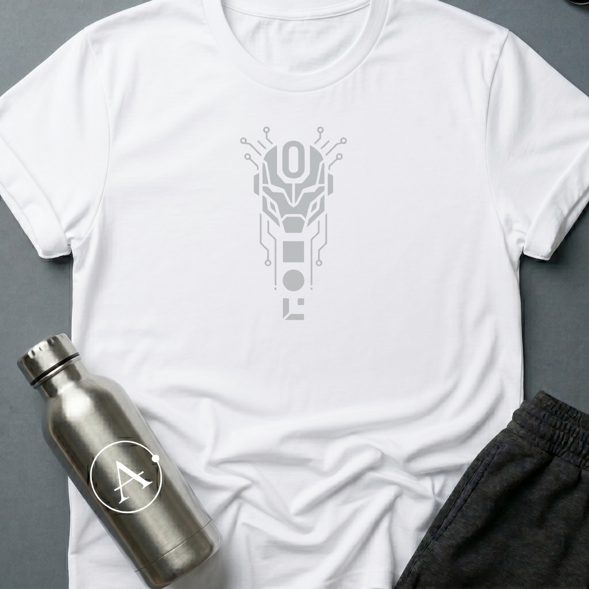 The Loophole sci-fi t-shirt — a sentry with a single zero where the override lives — White unisex tee — Apsion Outpost