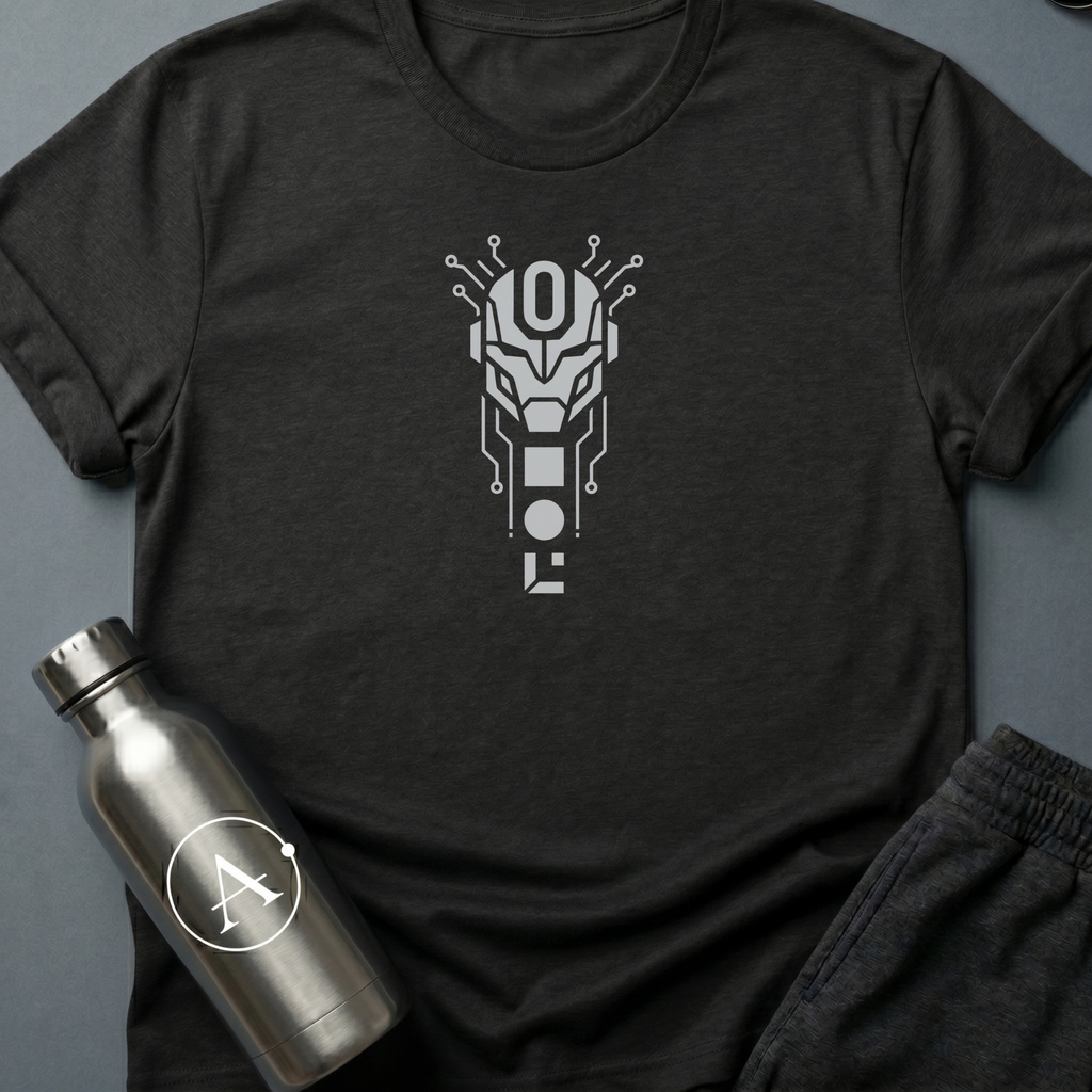 The Loophole sci-fi t-shirt — a sentry with a single zero where the override lives — Black unisex tee — Apsion Outpost