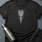 The Loophole sci-fi t-shirt — a sentry with a single zero where the override lives — Black unisex tee — Apsion Outpost