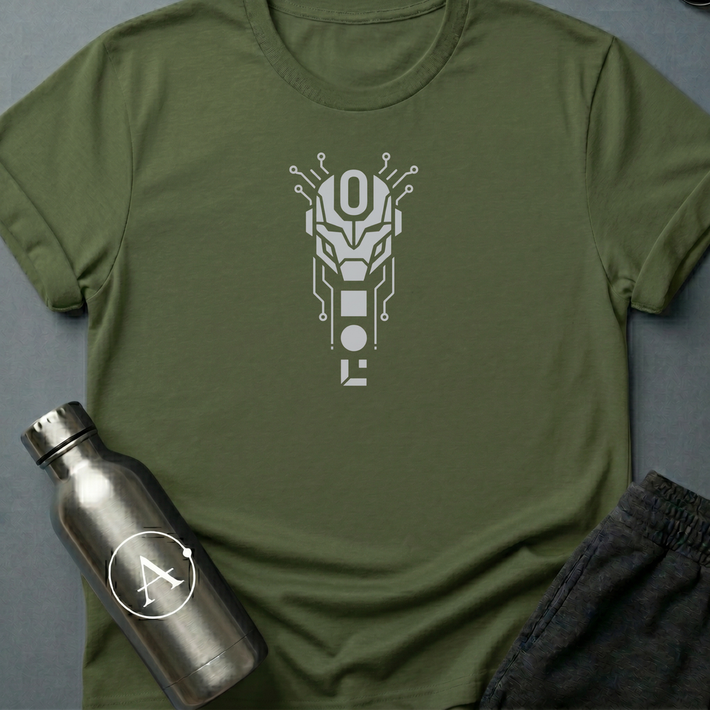 The Loophole sci-fi t-shirt — a sentry with a single zero where the override lives — Military Green unisex tee — Apsion Outpost