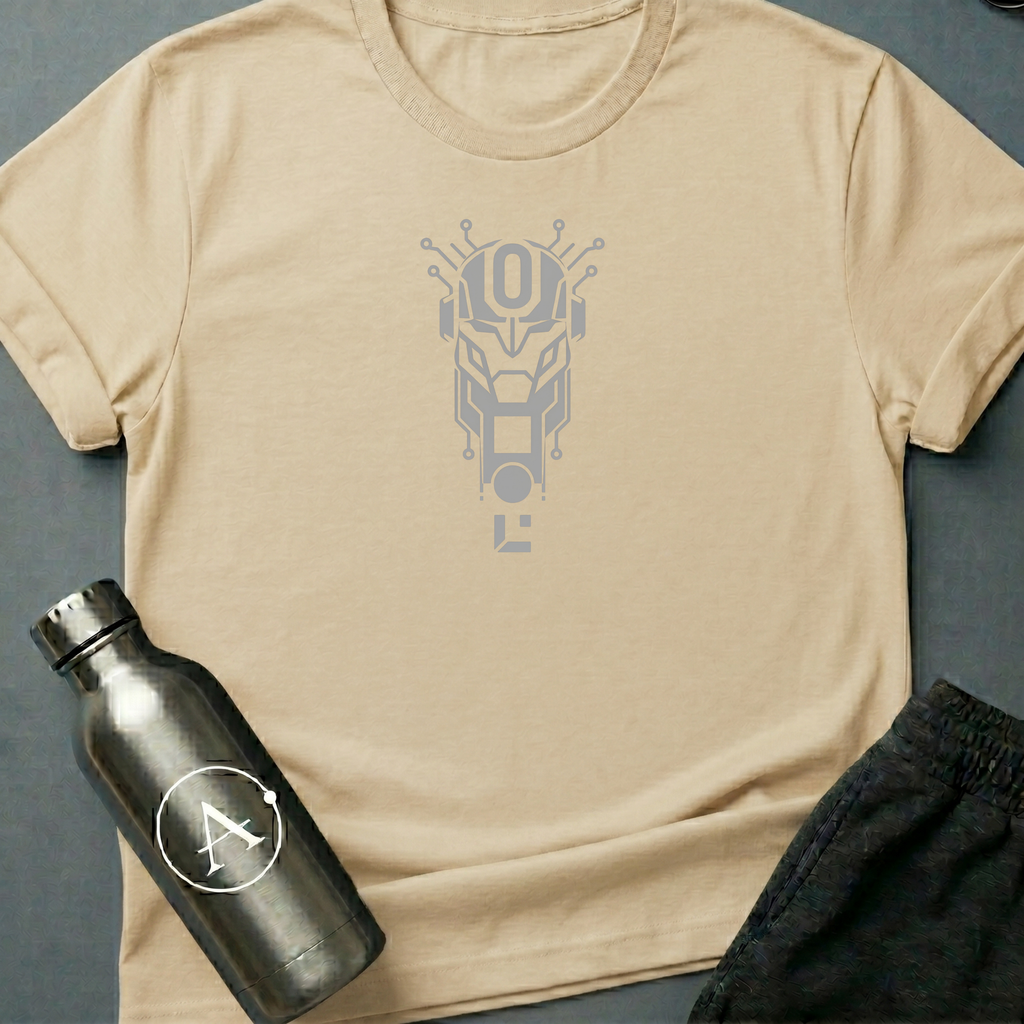 The Loophole sci-fi t-shirt — a sentry with a single zero where the override lives — Natural unisex tee — Apsion Outpost