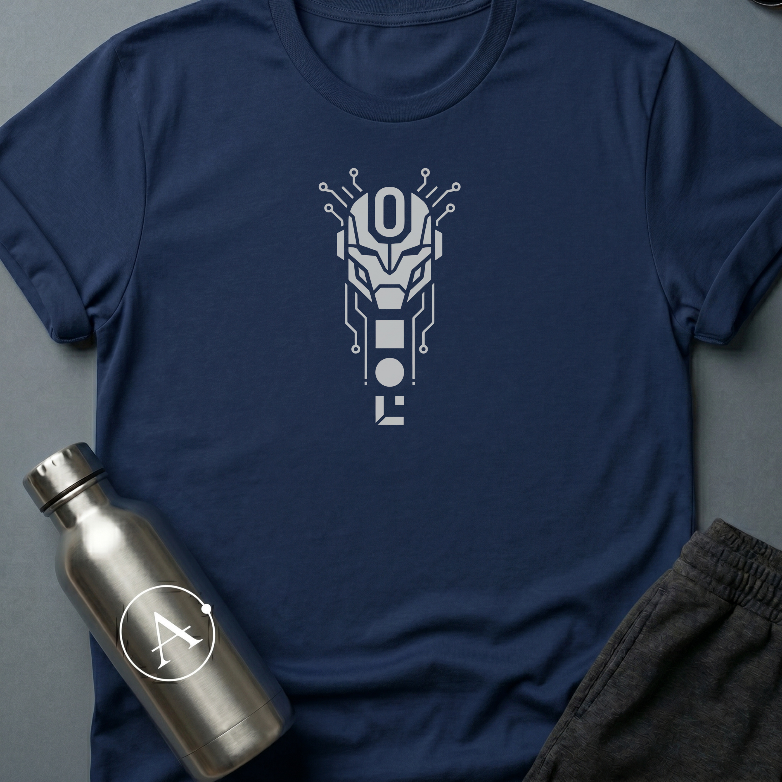 The Loophole sci-fi t-shirt — a sentry with a single zero where the override lives — Navy unisex tee — Apsion Outpost