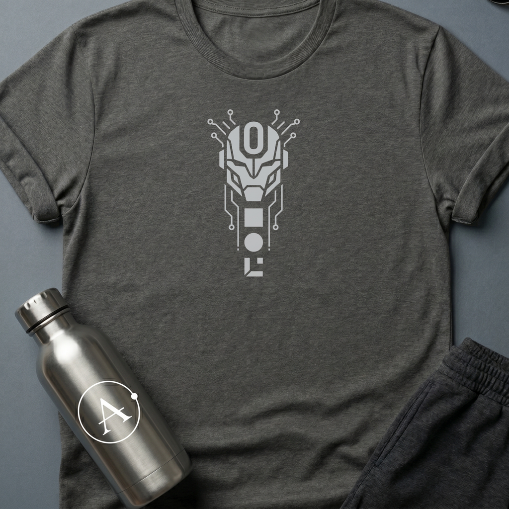 The Loophole sci-fi t-shirt — a sentry with a single zero where the override lives — Dark Heather unisex tee — Apsion Outpost