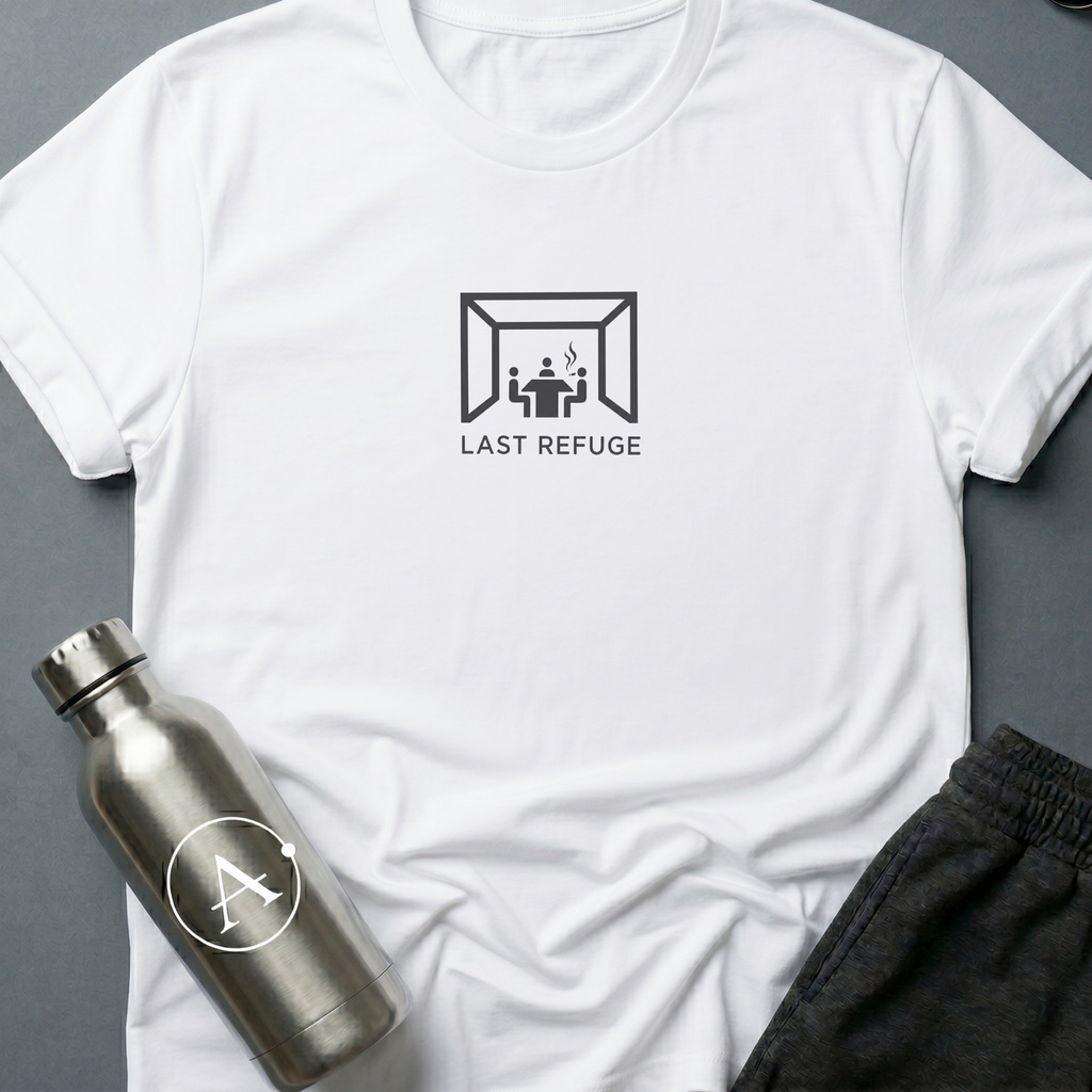 The Quiet War sci-fi t-shirt — three figures in a small room, one cigarette, one future being decided — White unisex tee — Apsion Outpost