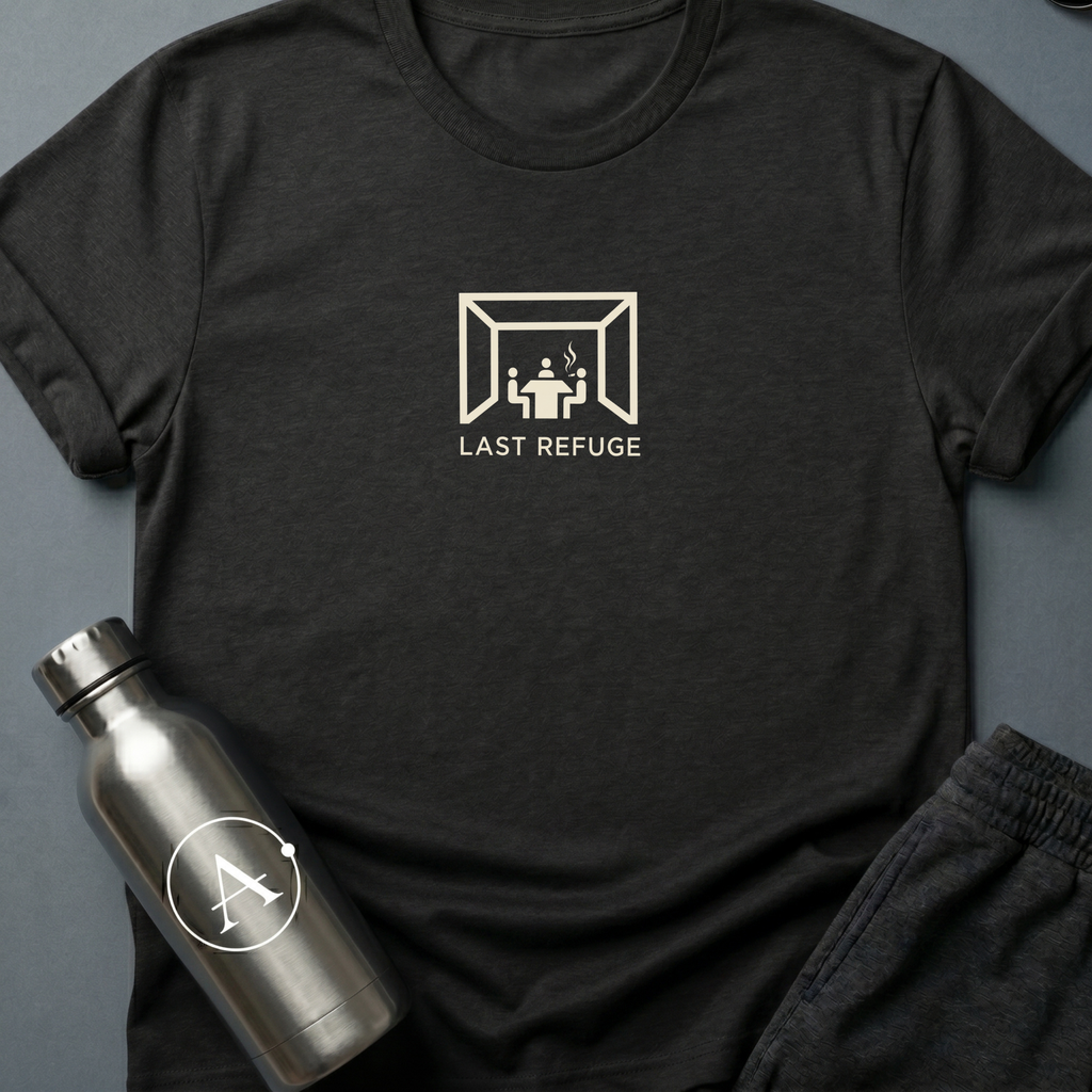 The Quiet War sci-fi t-shirt — three figures in a small room, one cigarette, one future being decided — Black unisex tee — Apsion Outpost