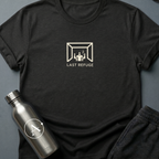 The Quiet War sci-fi t-shirt — three figures in a small room, one cigarette, one future being decided — Black unisex tee — Apsion Outpost