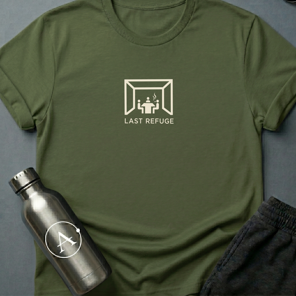 The Quiet War sci-fi t-shirt — three figures in a small room, one cigarette, one future being decided — Military Green unisex tee — Apsion Outpost